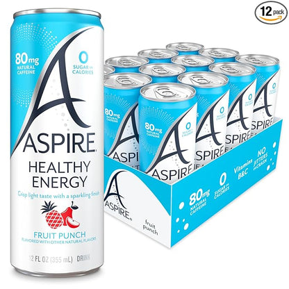 ASPIRE® Fruit Punch, Healthy Energy Drink 80mg Natural Caffeine, Zero Sugar No Carbs Keto Friendly, 12 Pack Green Tea Sugar Free Drink Low Caffeine Zero Calorie