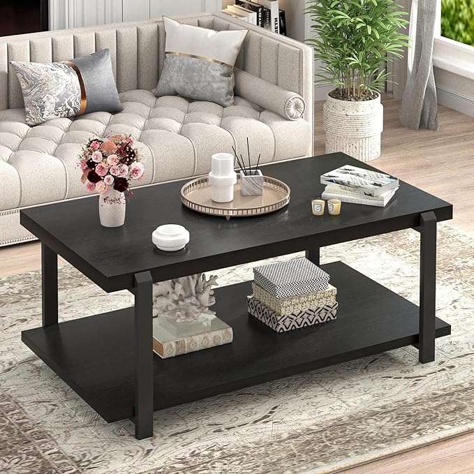 FOLUBAN Black Coffee Table, Modern Rustic Wood Center Table with Storage for Living Room, Industrial Rectangle 2 Tier Cocktail Tea Table, Black Oak