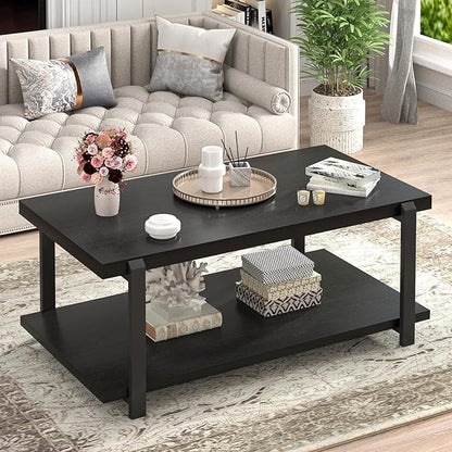 FOLUBAN Black Coffee Table, Modern Rustic Wood Center Table with Storage for Living Room, Industrial Rectangle 2 Tier Cocktail Tea Table, Black Oak