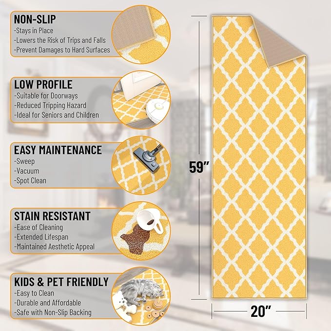 Ottomanson Hallway Runner Rug 20" x 59" Non Slip Trellis Area Rugs Easy to Clean Laundry Rug Runner Durable & Pet Friendly Floor Carpet Runners for Hallways Entryway Living Room Kitchen, Yellow
