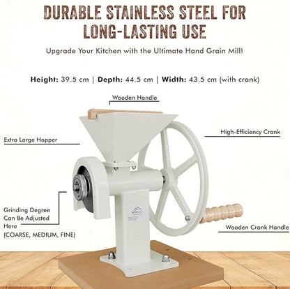 Manual Hand Grain Mill White | Heavy-Duty Hand Operated Food Grinder for Wheat, Corn, Oats, Coffee Beans, Rice & Dry Grains | Hand Crank Kitchen Flour Mill for Home, Camping, Survival & Everyday Use