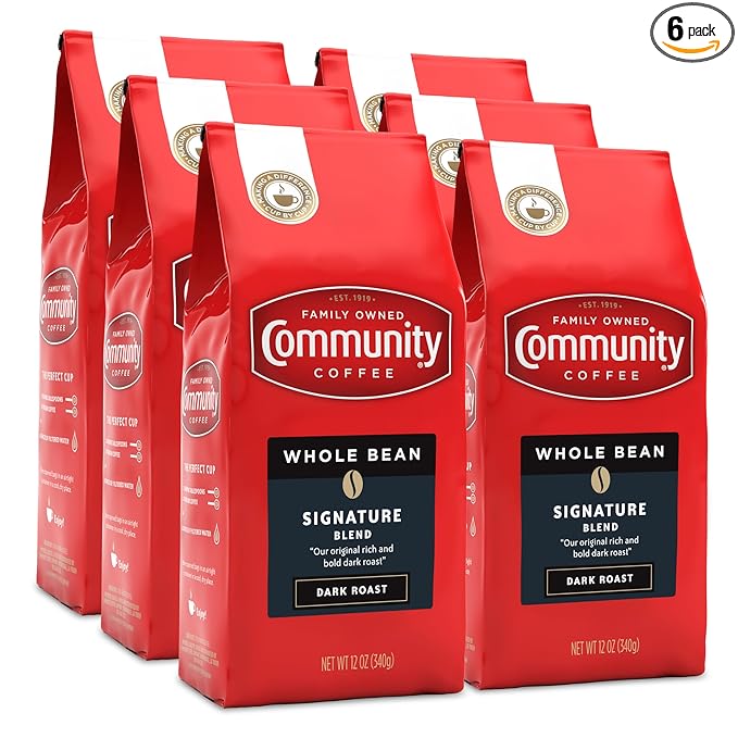 Community Coffee Signature Blend Whole Bean Coffee, Dark Roast, 12 oz Bag (Pack of 6)