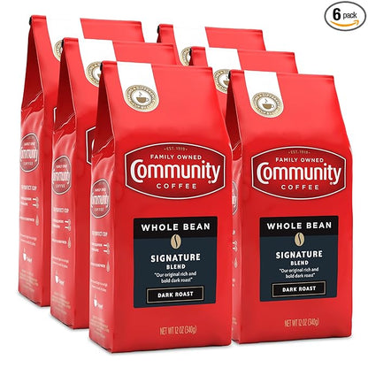 Community Coffee Signature Blend Whole Bean Coffee, Dark Roast, 12 oz Bag (Pack of 6)