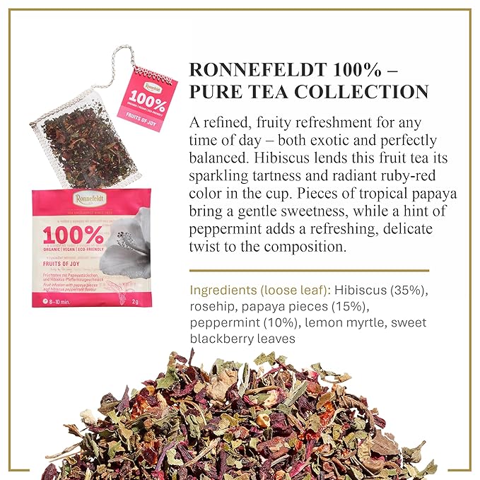 Ronnefeldt 100% Fruits of Joy – German Fruit & Herbal Tea with Hibiscus, Rose Hips, Papaya & Mint – Loose Leaf in 15 Individually Wrapped Bags – Naturally Caffeine-Free