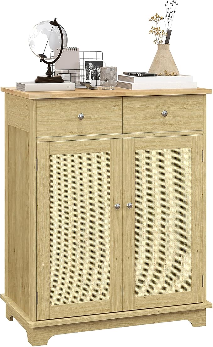HOMCOM Sideboard with Solid Wood Countertop, Modern Kitchen Storage Cabinet, Coffee Bar Cabinet with 2 Drawers, Doors and Adjustable Shelf, Natural Rattan