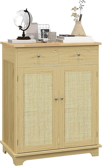 HOMCOM Sideboard with Solid Wood Countertop, Modern Kitchen Storage Cabinet, Coffee Bar Cabinet with 2 Drawers, Doors and Adjustable Shelf, Natural Rattan
