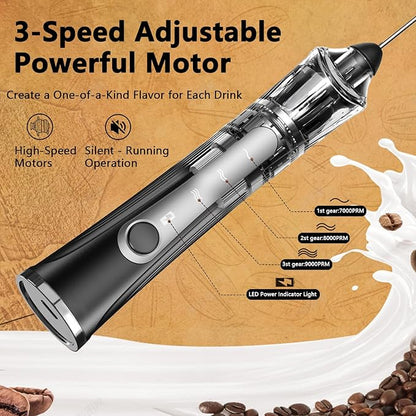 Rechargeable Milk Frother with Stand,Handheld Electric Foam Maker, Waterproof Detachable 3-Speed Adjustable Drink Mixer & Milk Foamer with 3 Stainless Steel Whisks for Lattes, Cappuccino