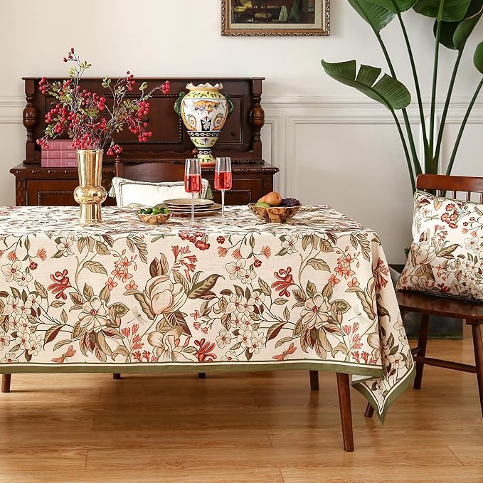 Designer Bohemian Linen Table Cloth for Rectangle Table,Colorful Floral Pattern Tablecloth,Wrinkle Resistant Decorative Tablecloths for Dining Thanksgiving Kitchen Party,55"*79"-Grace A