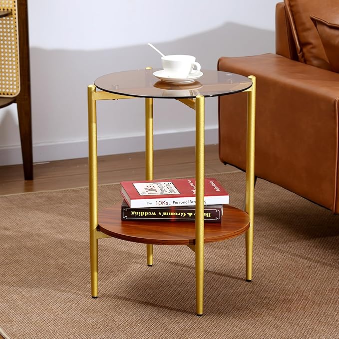 Small Round Coffee Tables for Living Room, Mid Century Side Table with Brown Glass Top, Solid Brown Storage Shelf and Sturable Gold Legs for Small Space, Office, Department