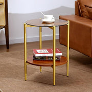 Small Round Coffee Tables for Living Room, Mid Century Side Table with Brown Glass Top, Solid Brown Storage Shelf and Sturable Gold Legs for Small Space, Office, Department