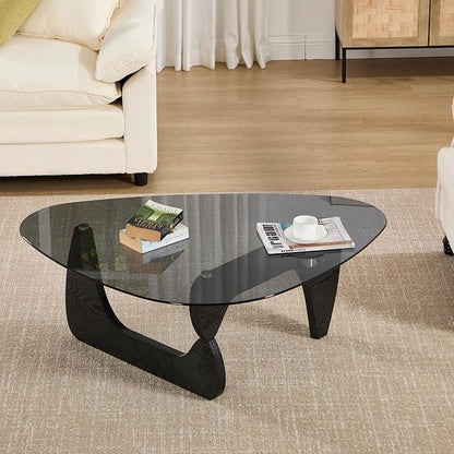 Modern Noguchi Coffee Table, Triangle Coffee Table with Tempered Glass Modern Vintage Glass Tea Table Wood Glass Accent Center Table for Living Room, 44.5”x32”x16.5”, Black Grey