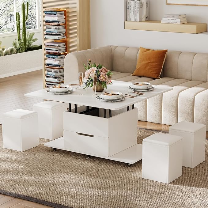 homary White Lift Top Coffee Table with Hidden Storage, 3 in 1 Multi-Function Modern Folding Center Table with 4 Stools and Casters