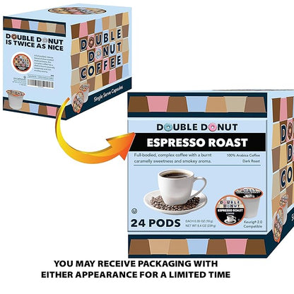 Double Donut Coffee Espresso Roast Blend in Recyclable Single Serve Espresso Pods for the Keurig K Cup Machine, 24 Count