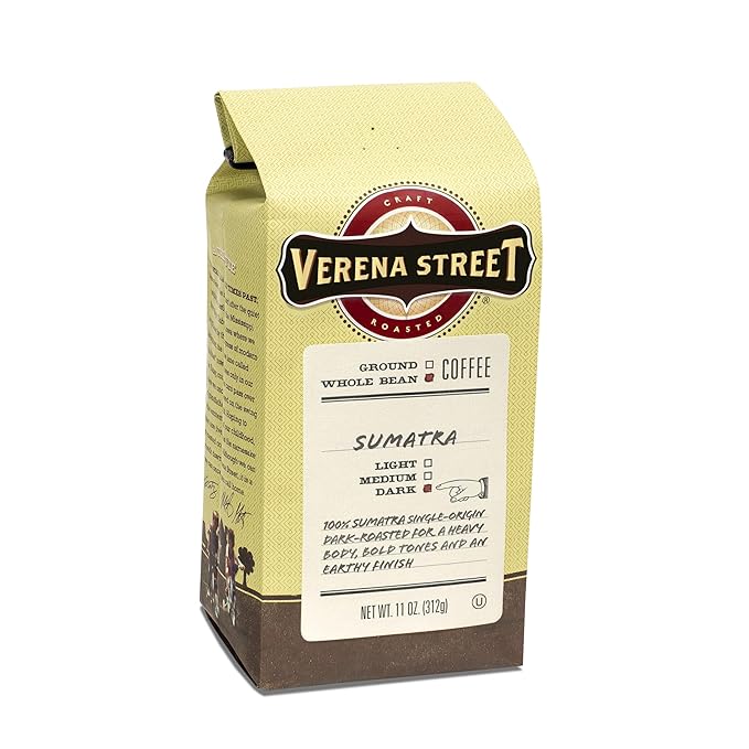 Verena Street 11 Ounce Whole Bean Coffee, Dark Roast, 100% Sumatra, Rainforest Alliance Certified Arabica Coffee