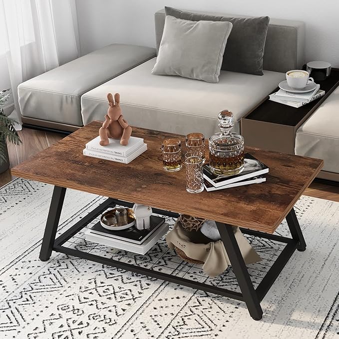 Tohomeor 2-Tier Industrial Coffee Table Mnimalist Vintage Farmhouse Wooden and Metal Living Room Coffee Table with Storage Shelf Accent Furniture (Rustic Brown)
