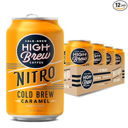 High Brew Coffee | Nitro Cold Brew | Sugar-Free and Dairy-Free, 200mg Natural Caffeine, Smooth Low-Acid Coffee Infused with Nitrogen, Ready-to-Drink | 10 oz Can (Caramel)