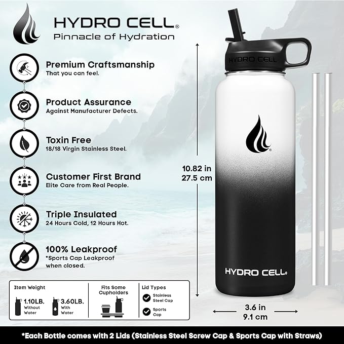 HYDRO CELL Stainless Steel Insulated Water Bottle with Straw - For Cold & Hot Drinks - Metal Vacuum Flask with Screw Cap and Modern Leakproof Sport Thermos for Adults (Black/White 40oz)