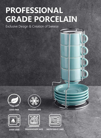 Sweese 4 Ounce Porcelain Stackable Espresso Cups with Saucers and Metal Stand Set of 4, Turquoise