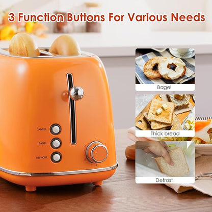 Roter Mond 2 Slice Toaster Retro Stainless Steel with Bagel, Cancel, and Defrost Functions, 6 Bread Shade Settings, Extra Wide Slots and Removable Crumb Tray, Orange