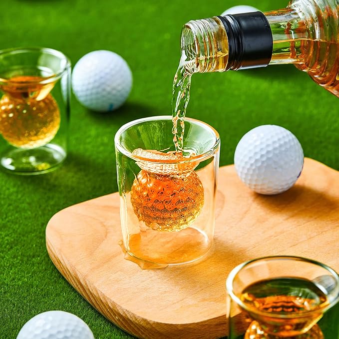 Golf Ball Shot Glasses Set of 4, Funny Handmade Birthday Gifts for Men and Women - 2oz Double Walled with 3D Shape Golf Ball Inside, Tequila, Whiskey, Cocktail Presents for Golfer