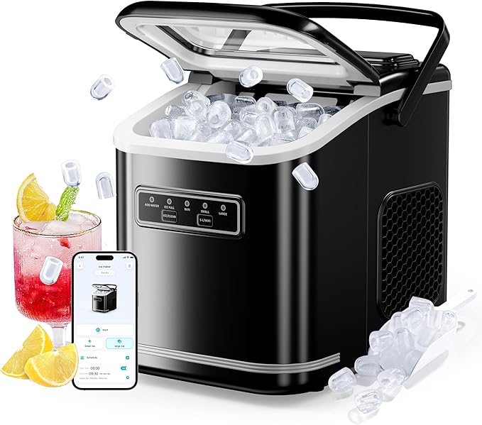 ecozy Smart Ice Maker, Portable Ice Makers Countertop with App & Voice Control, 9 Bullet Ice in 6 Mins, 26lbs/24Hrs, Self-Cleaning Ice Machine with Ice Scoop Basket and Bag for Home Kitchen Office RV