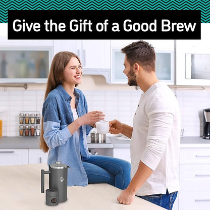 Coffee Gator French Press Coffee Maker 34oz, Double Insulated Stainless Steel Brewer plus Travel Jar Canister, Portable Hot Cold Brew for Coffee Bar Accessories Kitchen Camping, Silver