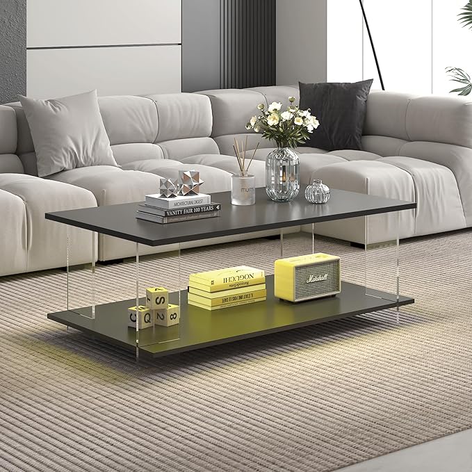 43" Acrylic Coffee Table with Black Wood Top, Minimalist Stylish Modern Rectangular Center Tables for Living Room, Led Living Room Table with Storage Shelf & Acrylic Frame for Small Space