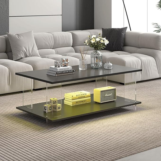 43" Acrylic Coffee Table with Black Wood Top, Minimalist Stylish Modern Rectangular Center Tables for Living Room, Led Living Room Table with Storage Shelf & Acrylic Frame for Small Space