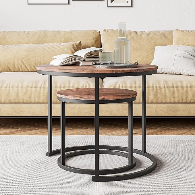 Small Coffee Table Living Room, Black Round Coffee Table Nesting Table Set of 2,Metal Frame with Wood Sofa Table,Sturdy and Easy Assembly,Stacking Side Table for Bedroom,Office,Balcony