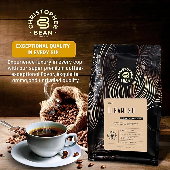 Christopher Bean Coffee - Certified Kosher - Decaf Ground Universal Drip Tiramisu Flavored Coffee with Medium Roast | Tiramisu Coffee No Sugar with 100% Arabica, No Fats, Non-GMO | 10-Ounce