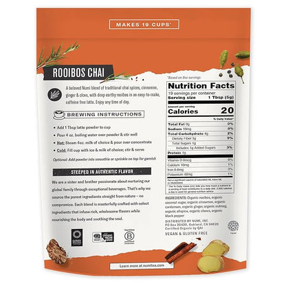 Numi Organic Rooibos Chai Tea Latte Powder – Rooibos Chai Latte Mix with Cinnamon, Cardamom & Cloves – Caffeine Free, Vegan & Gluten Free, 3.5 oz (Makes 19 Cups)