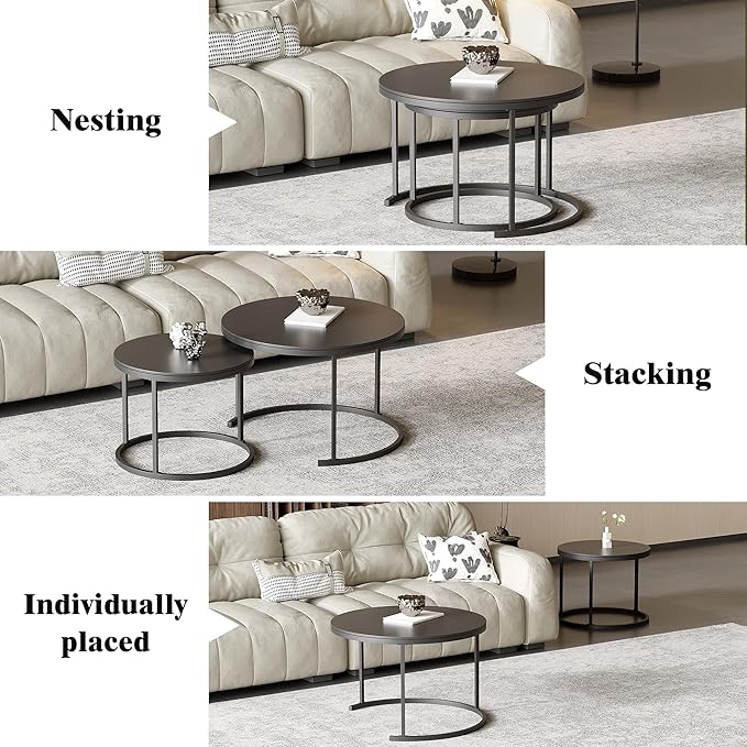 Round Nesting Coffee Table, Black Modern Decorative Coffee Center Table Set of 2, Sintered Stone Coffee Table for Living Room with Sturdy Metal Frame.