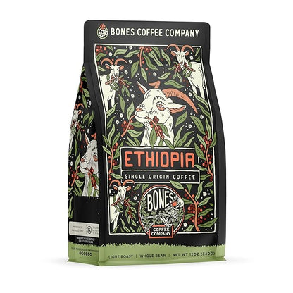 Bones Coffee Company Ethiopia Single-Origin, Citrus, Floral and Berries Notes, Whole Coffee Beans, Low Acid Medium Roast Arabica Beans Flavored Coffee, 12 oz Whole Bean
