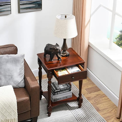 Solid Wood Retangle End Table with Drawer and Storage Shelf, 28"H Traditional Vintage Side Table Polished Edging Sofa Table Bedside Nightstand for Living Room Bedroom Home, Cherry Walnut GBJ-1533-WD