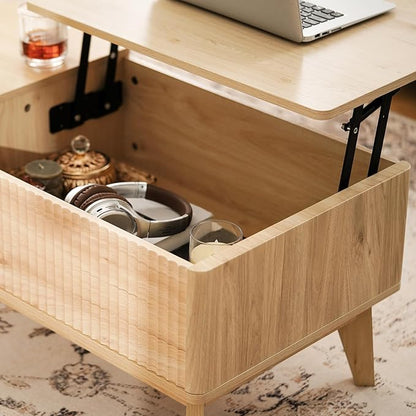 LYNCOHOME Fluted Lift Top Coffee Table with Hidden Compartment, Modern Center Table for Living Room, Home Office, Natural