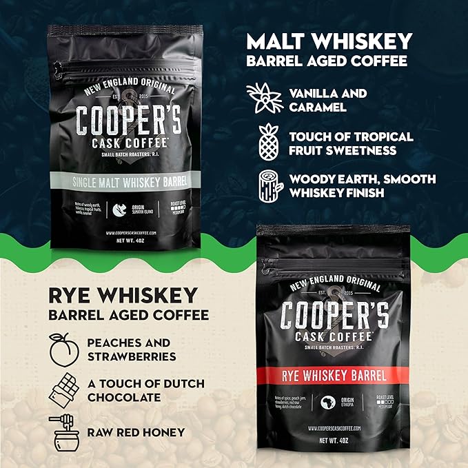 Bourbon & Whiskey Barrel Aged Coffee Box Set - 4-Bag Roasted Coffee Sampler - Bourbon Colombian, Malt Whiskey Sumatra, Rye Whiskey Ethiopian, Rum Barrel Rwanda, (Ground, 4 Ounce (Pack of 4))