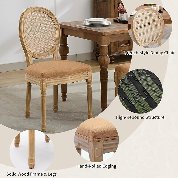 Vintage French Country Dining Room Chairs Set of 8, Rattan Dining Chairs with Solid Wood Legs, Ten Upholstered Dining Chair, Sillas para Comedor, Kitchen & Dining Room Chair (Amber, Rattan, 8Pcs)