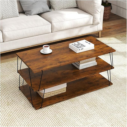 Coffee Table, 40" Center Table with Storage Shelf, Rectangle Coffee Table, for Living Room, Toolless, Easy Assembly, Simple Style, Rustic Brown (Classic)