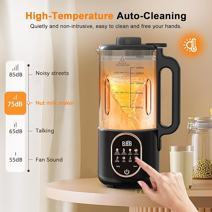 50oz Nut Milk Maker Machine, 10 in 1 Automatic Plant Based Milk Maker for Homemade Oat, Coconut, Chowder, Juice, Soy Milk with 20 Blades,Delay Start, Boil Water, Keep Warm & Auto Clean