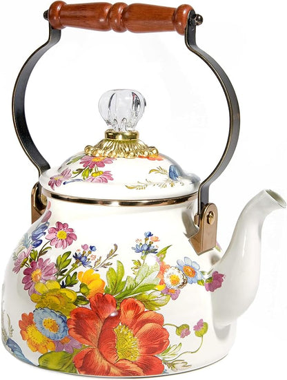 MACKENZIE-CHILDS Enamel Tea Kettle, Stylish Tea Kettle for Stovetop, White Flower Market, 2 Quarts