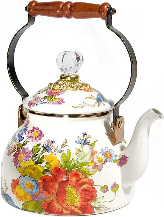 MACKENZIE-CHILDS Enamel Tea Kettle, Stylish Tea Kettle for Stovetop, White Flower Market, 2 Quarts