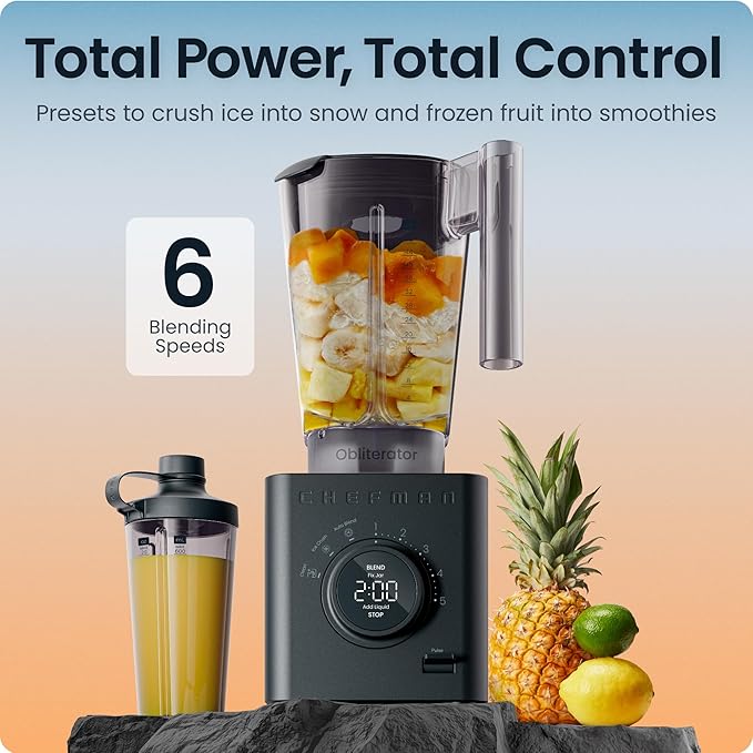 Chefman Obliterator 48 oz Countertop Blender for Smoothies, 1380W Motor to Crush Ice, Nuts, and Frozen Fruit with Stainless Steel Blade, Auto Blend Function, Includes 20 oz Travel Jar
