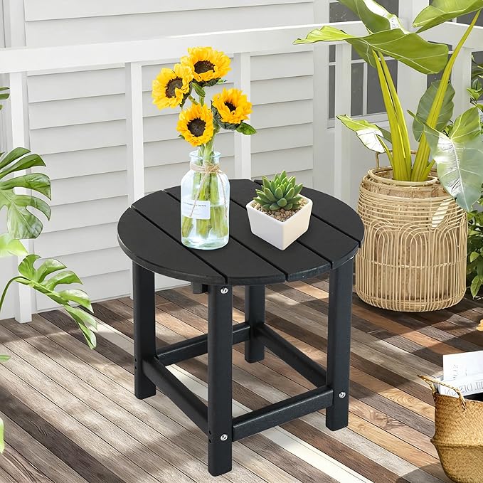 LZRS Round Adirondack Patio Side Table End Table, Outdoor Side Tables for Patio, Backyard,Pool, Indoor Companion, Easy Maintenance & Weather Resistant(Black)