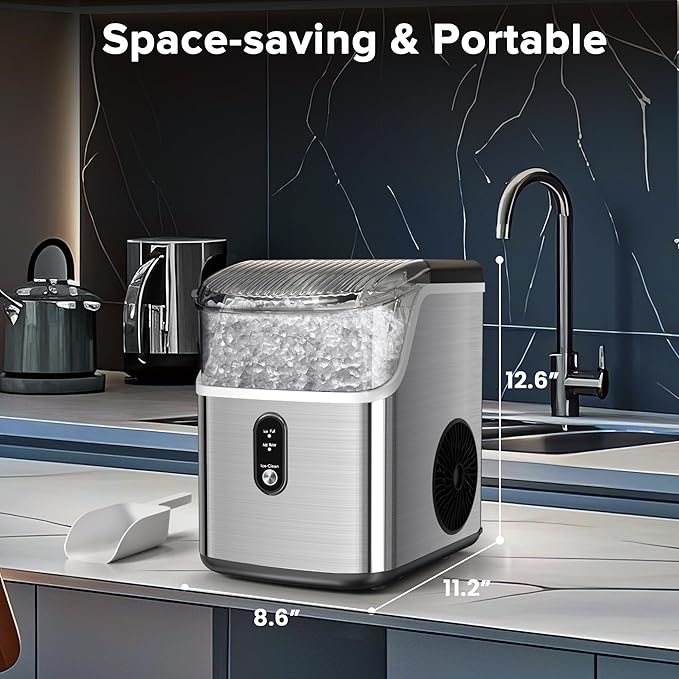 Countertop Nugget Ice Maker Pro - 34lbs/24H, Self-Cleaning Pellet Ice Machine with Soft Chewable Ice, One-Touch Operation for Home, Kitchen, Office (Silver)