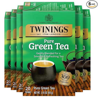 Twinings Pure Green Tea Individually Wrapped Bags, 20 Count (Pack of 6), Smooth Flavour, Enticing Aroma, Caffeinated, Enjoy Hot or Iced, 120 Teabags