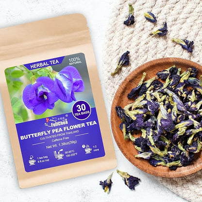 FullChea - Butterfly Pea Flower Tea Bags, 30 Teabags, 1.3g/bag - Premium Dried Butterfly Pea, Cultivated From Thailand - Non-GMO - Caffeine-free - Rich In Antioxidants & Support Eye Health