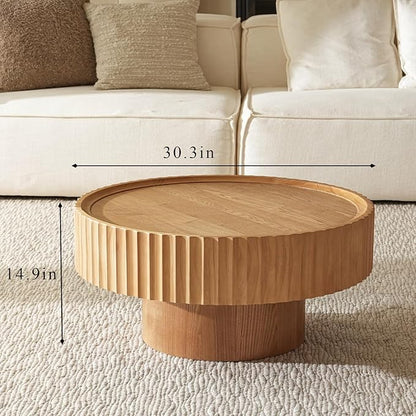 Round Wood Coffee Table - Wooden, Ribbed-Design, 30.3" Dia, 14.9" H Living Room Table, Center Table Simple Modern Style for Home Living Room Furniture (Nature Wood, 30.3''L×14.9''H)
