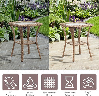 Patio Wicker Side Table, Outdoor PE Rattan End Table with 5mm Tempered Glass Top and 2-Tier Storage Shelf, 20" Square Coffee Table for Deck Porch Garden Backyard-Yellow