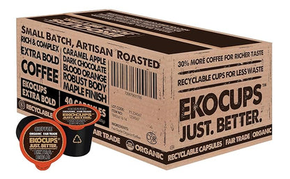 EKOCUPS Artisan Organic Bold Hot or Iced Coffee, Dark roast, in Recyclable Single Serve Cups for Keurig K-cup Brewers, 40 count