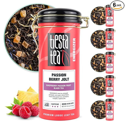 Tiesta Tea - Passion Berry Jolt, Loose Leaf, Raspberry Passion Fruit Black Tea, Premium Caffeinated Blend, Make Hot or Iced & Brews Up to 50 Cups, 4oz Refillable Tin (Pack of 6)